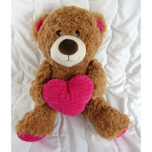 Hug & Luv Brown Fuzzy Bear Pink Ribbed Heart 16-inch Stuffed Animal Toy 2018